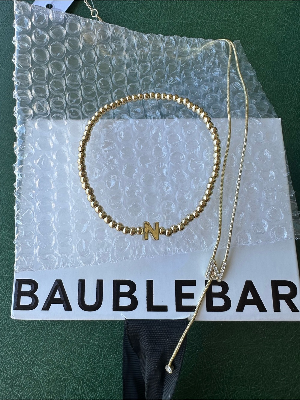 BaubleBar Gold Tone Beaded Initial 'N' Bracelet and Necklace NWT